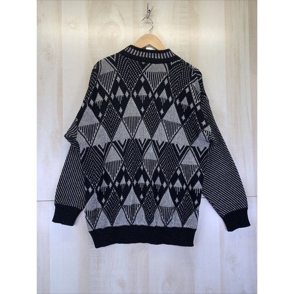 Vintage 90s Fortune Knits USA Black Silver Geometric Long Sleeve Womens Sweater - Picture 6 of 7